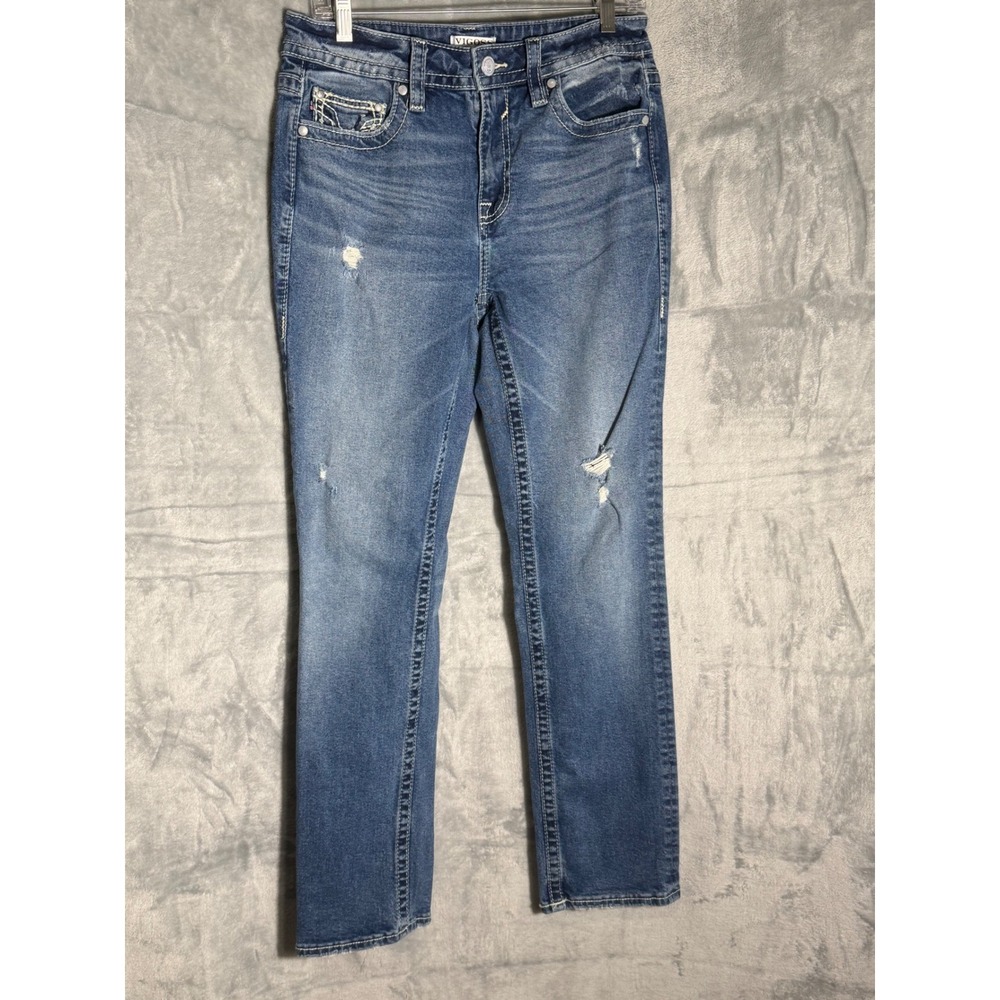 Vigoss Straight Leg Distressed Jeans Blue Medium Wash Embroidered Pockets Size 8